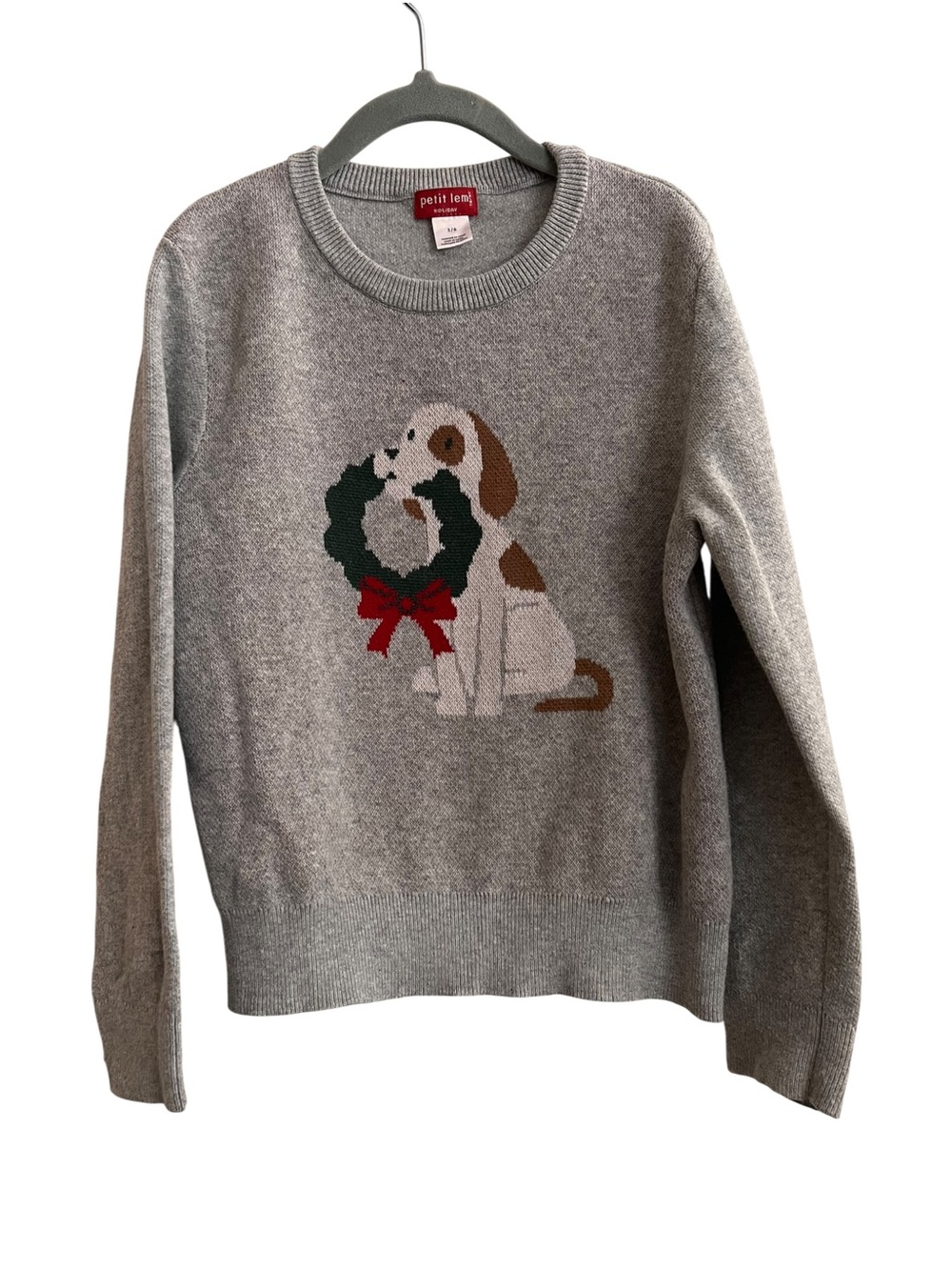 Petit Lem Gray Knit Dog Wreath Pullover